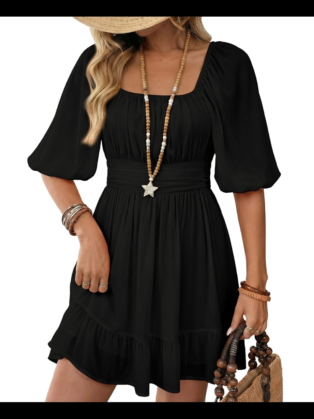 Gathered Waist Black Puff-Sleeve Mini Dress
